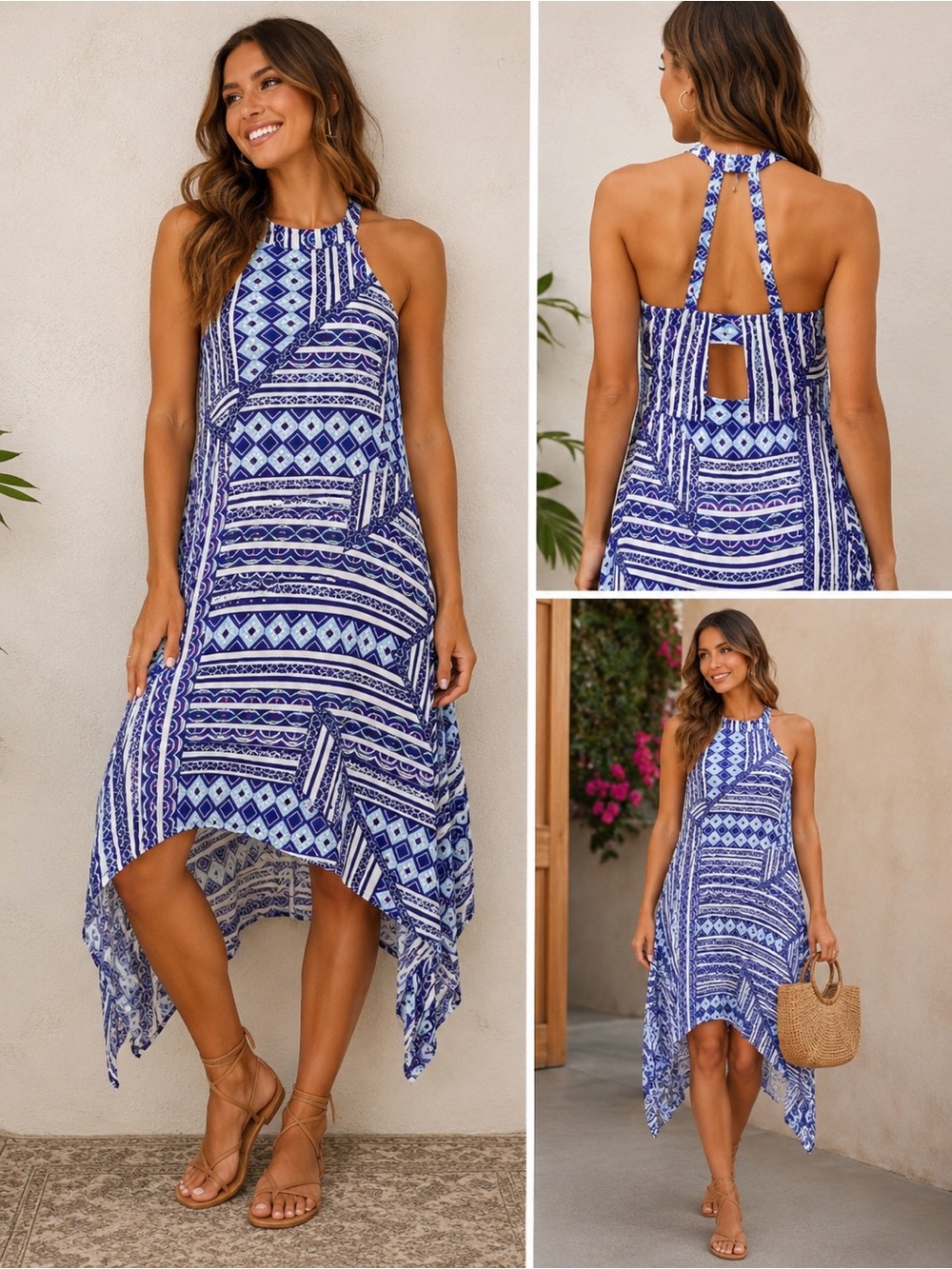 Francesca's Collections Blue/White Handkerchief Halter Dress, Geometric Print, S